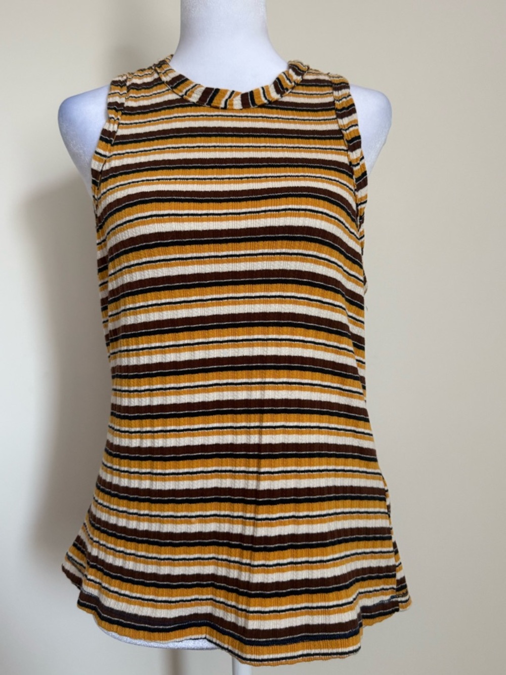 Pilcro Striped Ribbed Tank Top in Mustard, Brown & Cream size Large